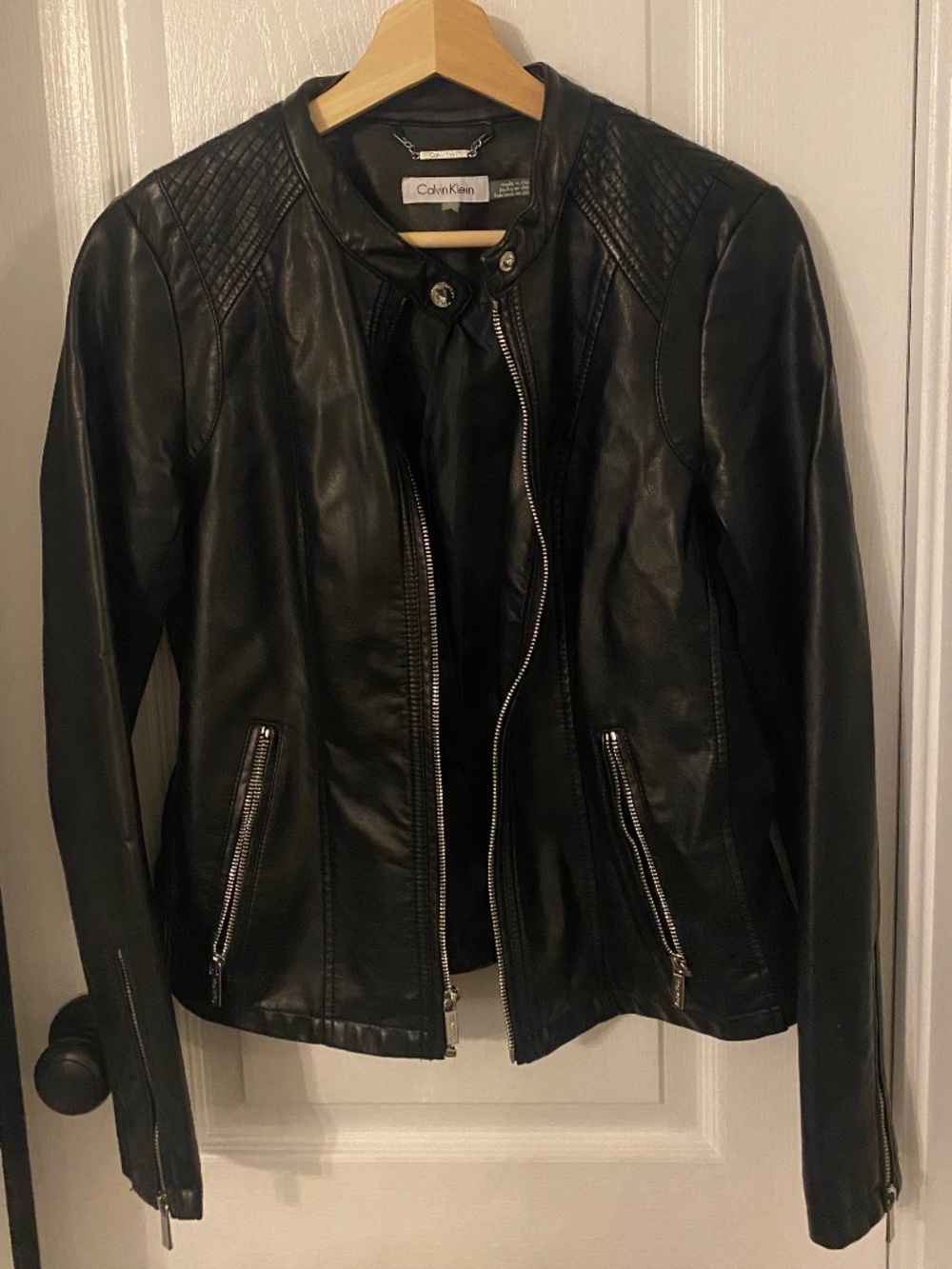 Calvin Klein Faux Leather Jacket in Moto/Café Racer Style